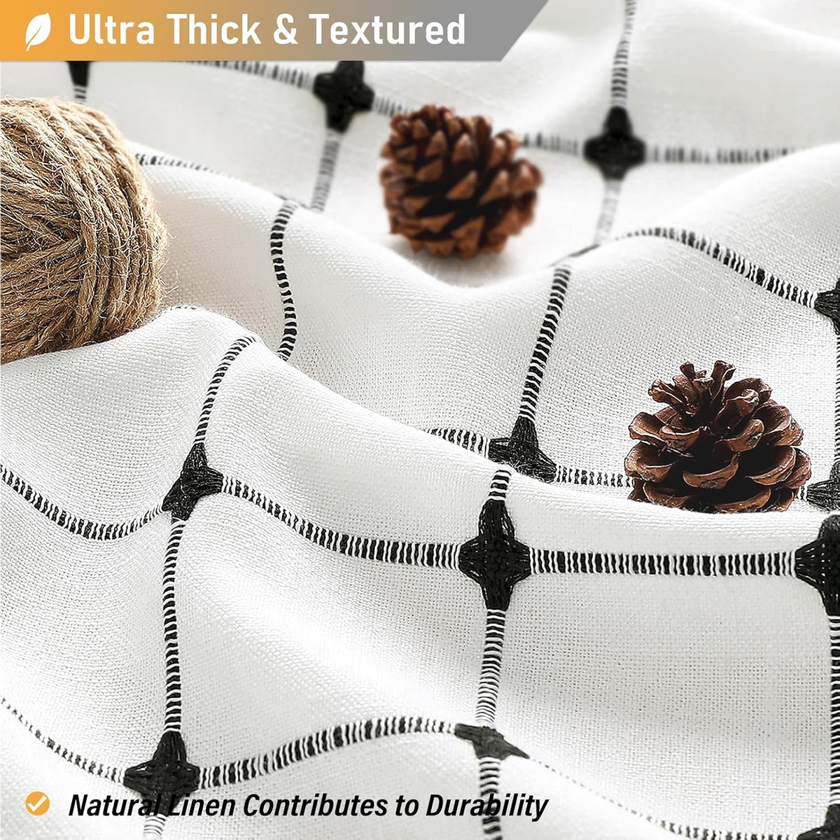 White and Black Long Boho Farmhouse Linen Cloth Shower Curtain, 72X84