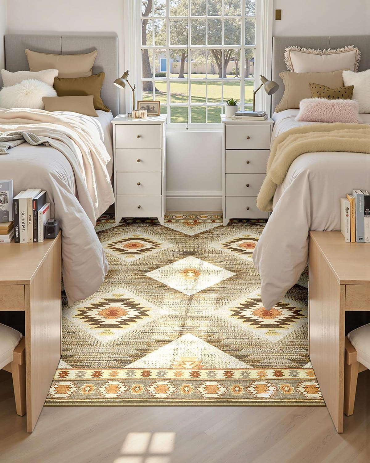 Area Rug 5X7 Machine Washable Non-Slip Print Pattern Western Rug -Cream/Camel