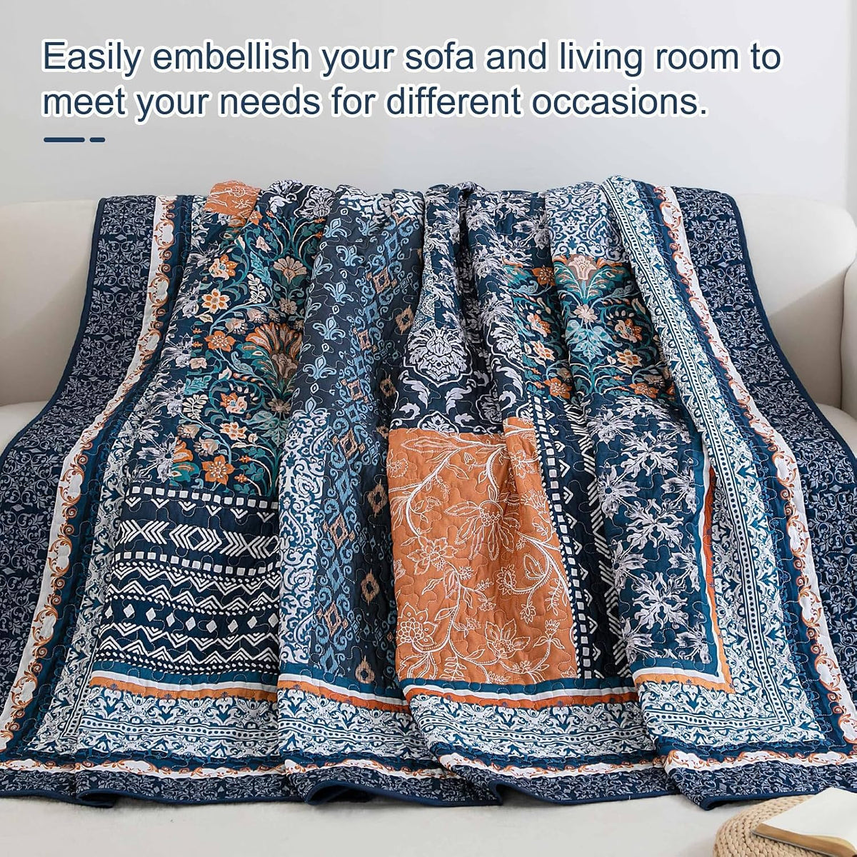 Boho Quilt Set Twin, 3 Pcs Navy Blue Patchwork Bedspread Set
