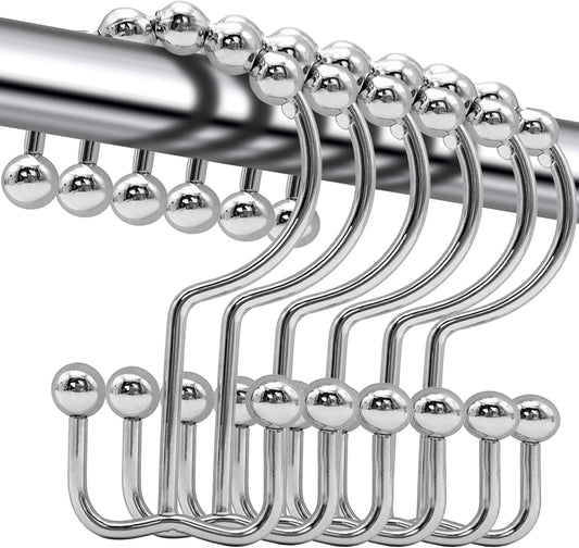Shower Curtain Hooks,12 Pcs Rustproof Metal Shower Curtain Rings, Free Sliding Double Shower Hooks for Shower Curtain & Liners(Silver)