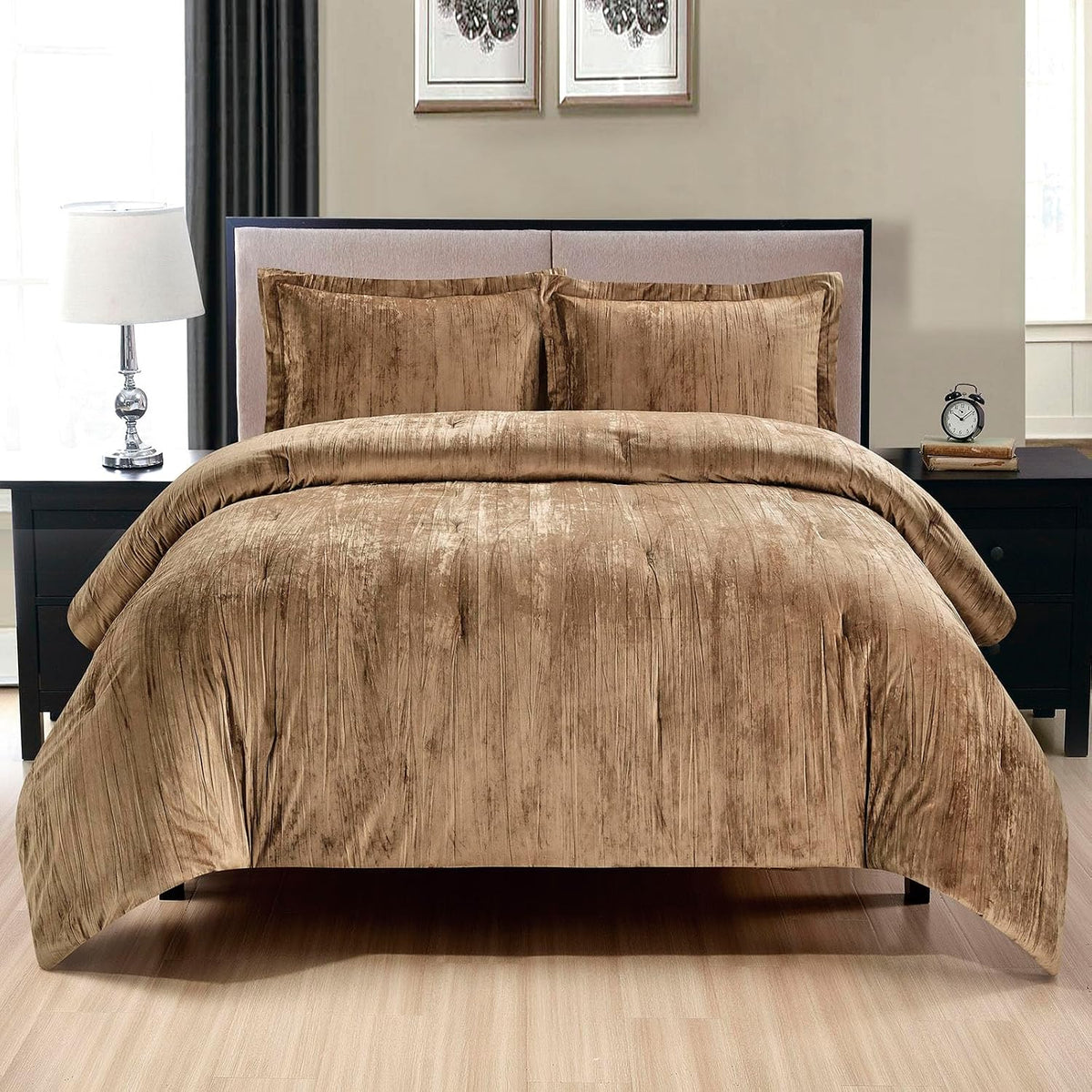 Crinkle Velvet Comforter Set, 3 Pieces Camarel Gold Queen, Crinkle Velvet Face and Brushed Microfiber Reverse, with Light Poly Fill