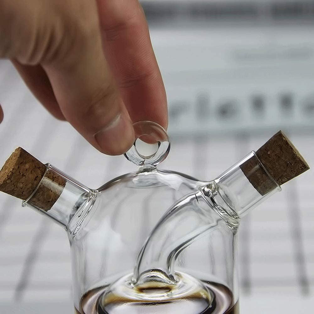 Olive Oil and Vinegar Dispenser Cruet Bottles, 2 in 1 Transparent Dual Glass for Kitchen 