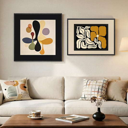 Framed Abstract Neutral Boho Wall Art Set of 2 for Living Room, Mid Century Modern Floral Print Canvas Artwork for Walls, 24X24 & 24X18 Inch