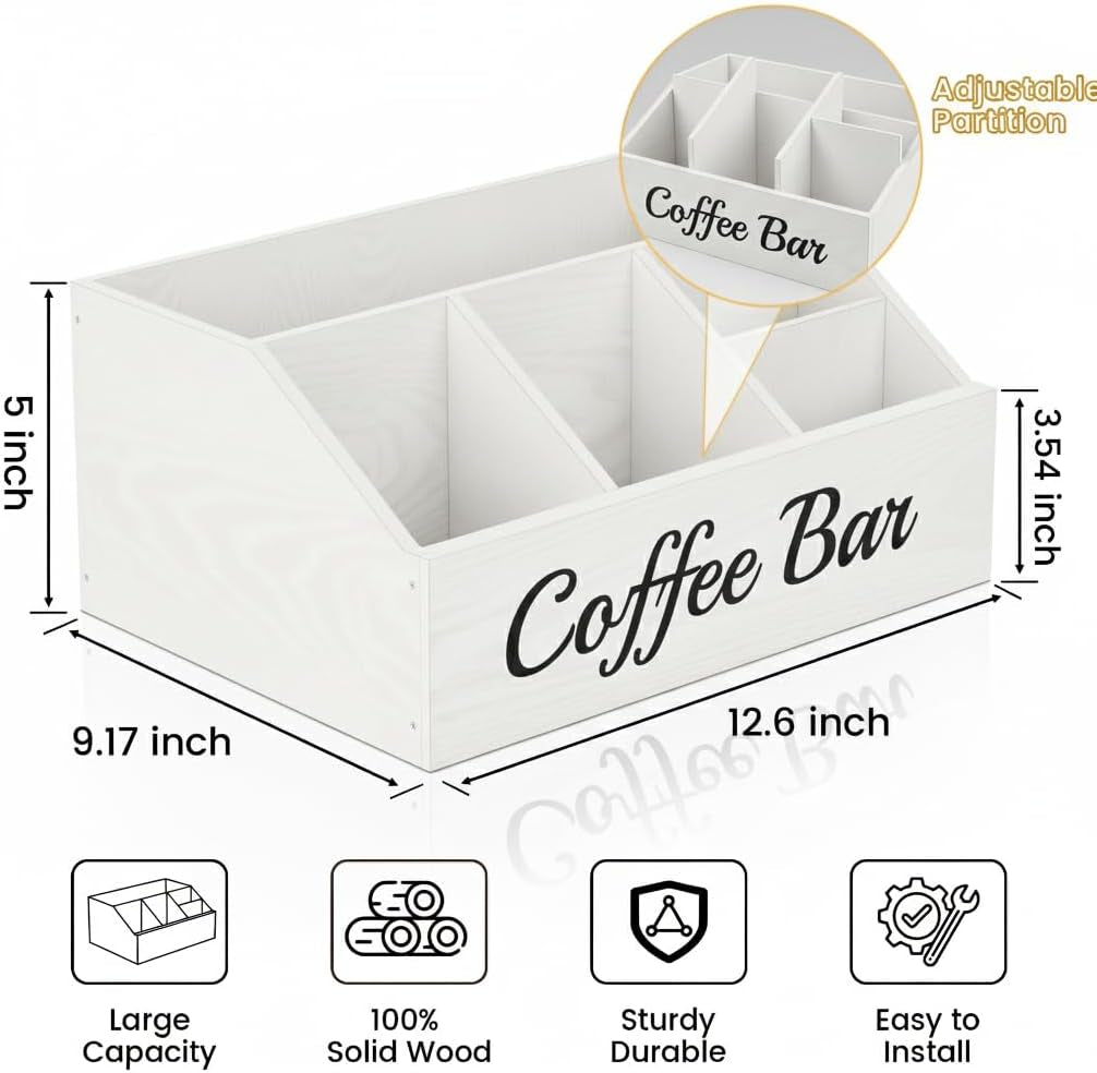 Coffee Station Organizer for Countertop – Wooden Coffee Bar Organizer with Adjustable Dividers for Kitchen, White