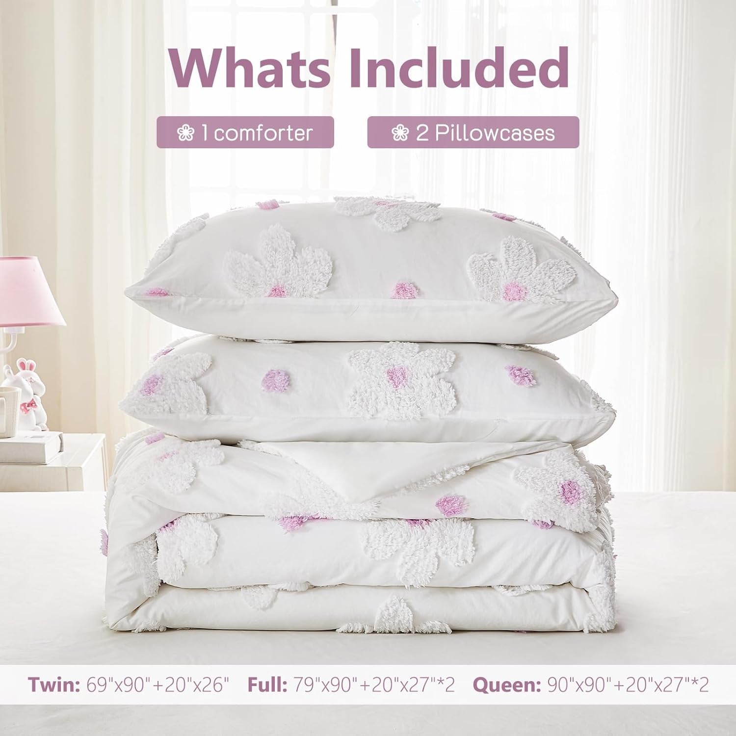 Twin Comforter Set for Girls 2 Pieces Tufted Daisies Flowers. Purple Floral Bedding, Lightweight