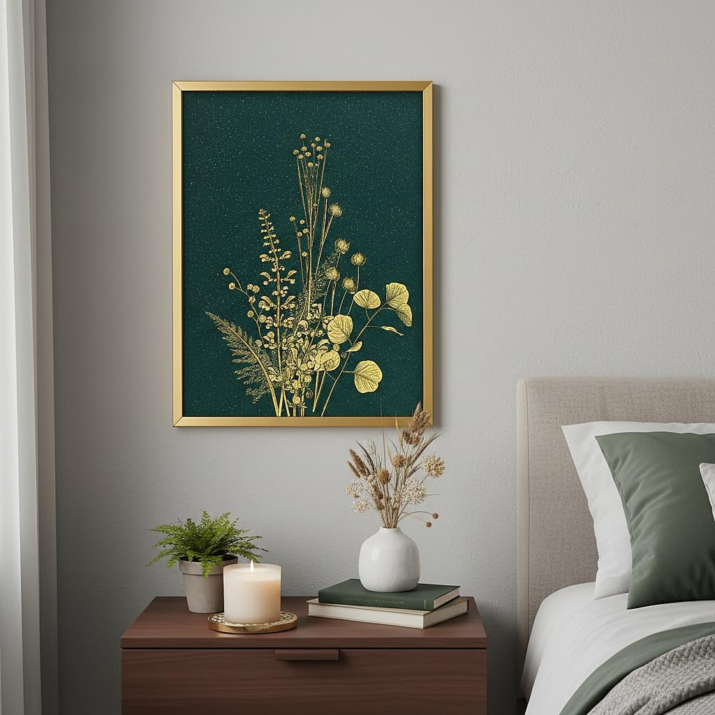 Hand-Painted Gold Gilded Wall Art, Luxury Emerald Green 3D Textured Floral Pictures with Frame 12X16 