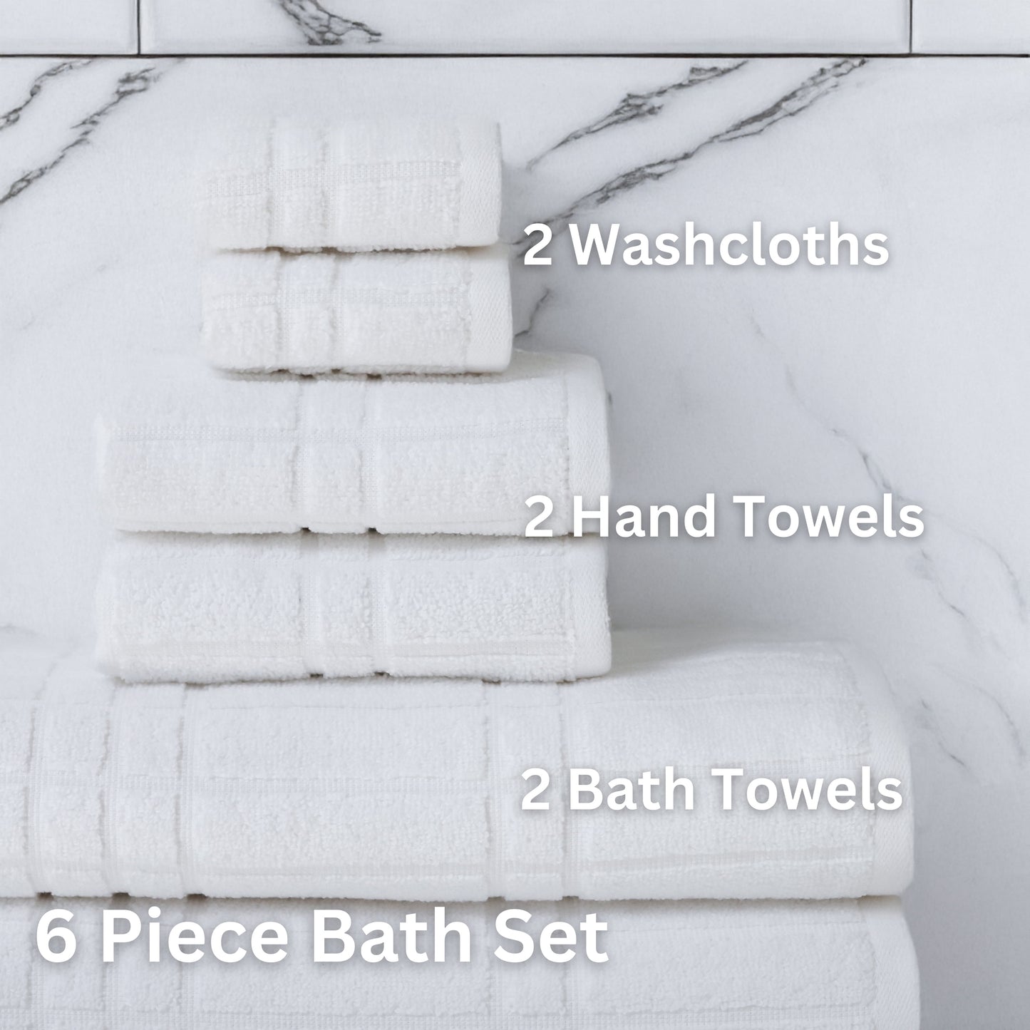 Performance Cotton 6-Piece Bath Towel Set, Super Soft Quick Dry Fade Resistant, Textured White