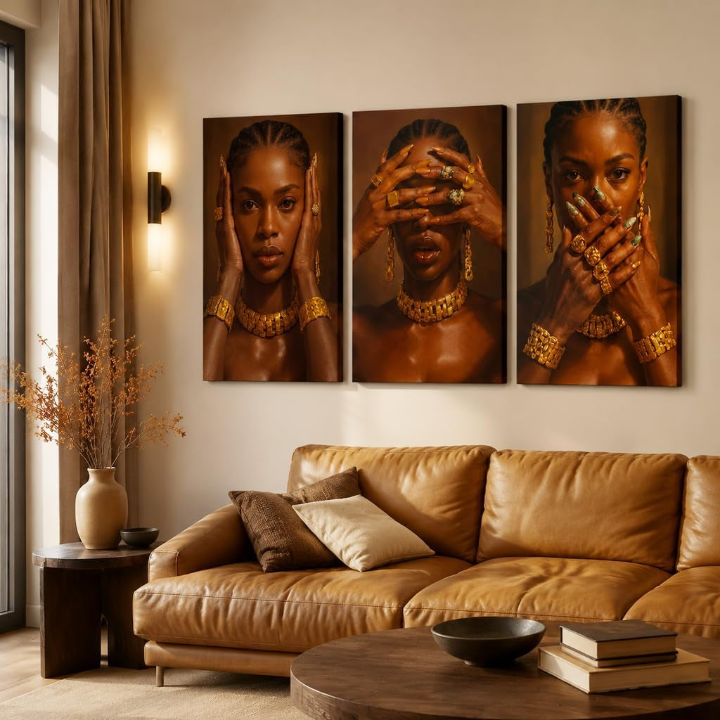 Set of 3 Framed Canvas Wall Art African Woman Portrait Wall Decor Modern Brown Gold Artwork Prints Luxury Fashion Poster Pictures for Living Room Bedroom Office Home Decoration 12X16 Inch