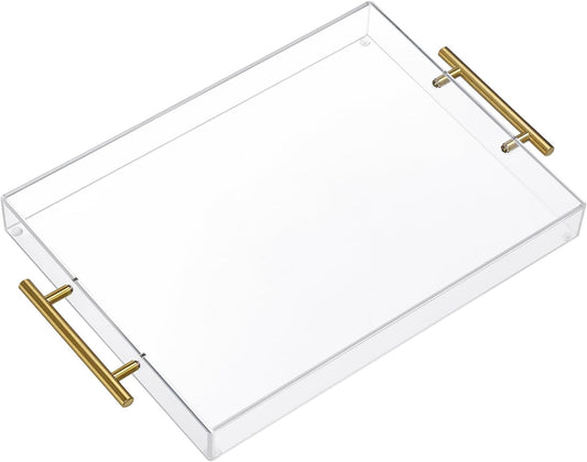 12"X16" Clear Acrylic Serving Tray with Golden Handles, Storage Tray (12"X16")