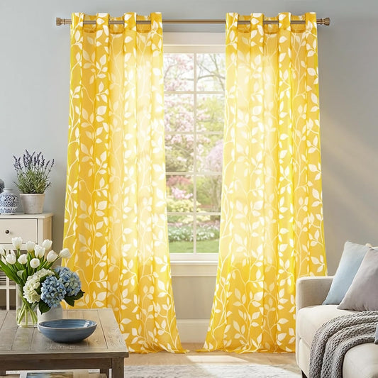 Yellow Sheer Pattern Curtains 84 Inches Long, Spring Decor Lightweight Leaf Floral Printed Curtains 2 Panels Set, Mustard Yellow and White