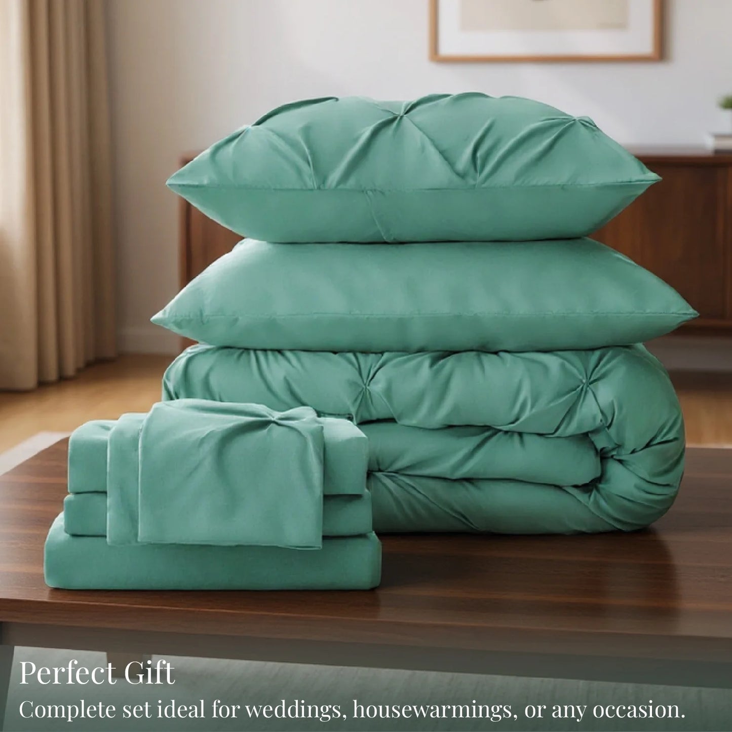 Queen Comforter Set - 7 Pieces Comforters, Pintuck Bedding Sets for All Season, Bed in a Bag with Flat Sheet and Fitted Sheet, Pillowcases & Shams, Pea Green