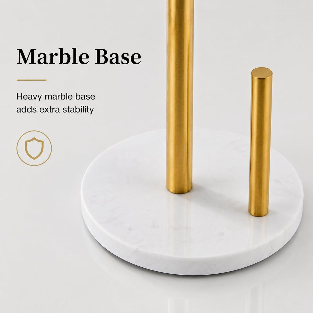 Brushed Gold Paper Towel Holder for Kitchen Countertop, 304 Stainless Steel Roll Dispenser with White Engineered Marble Weighted Base, Freestanding Paper Towel Stand for Standard Rolls