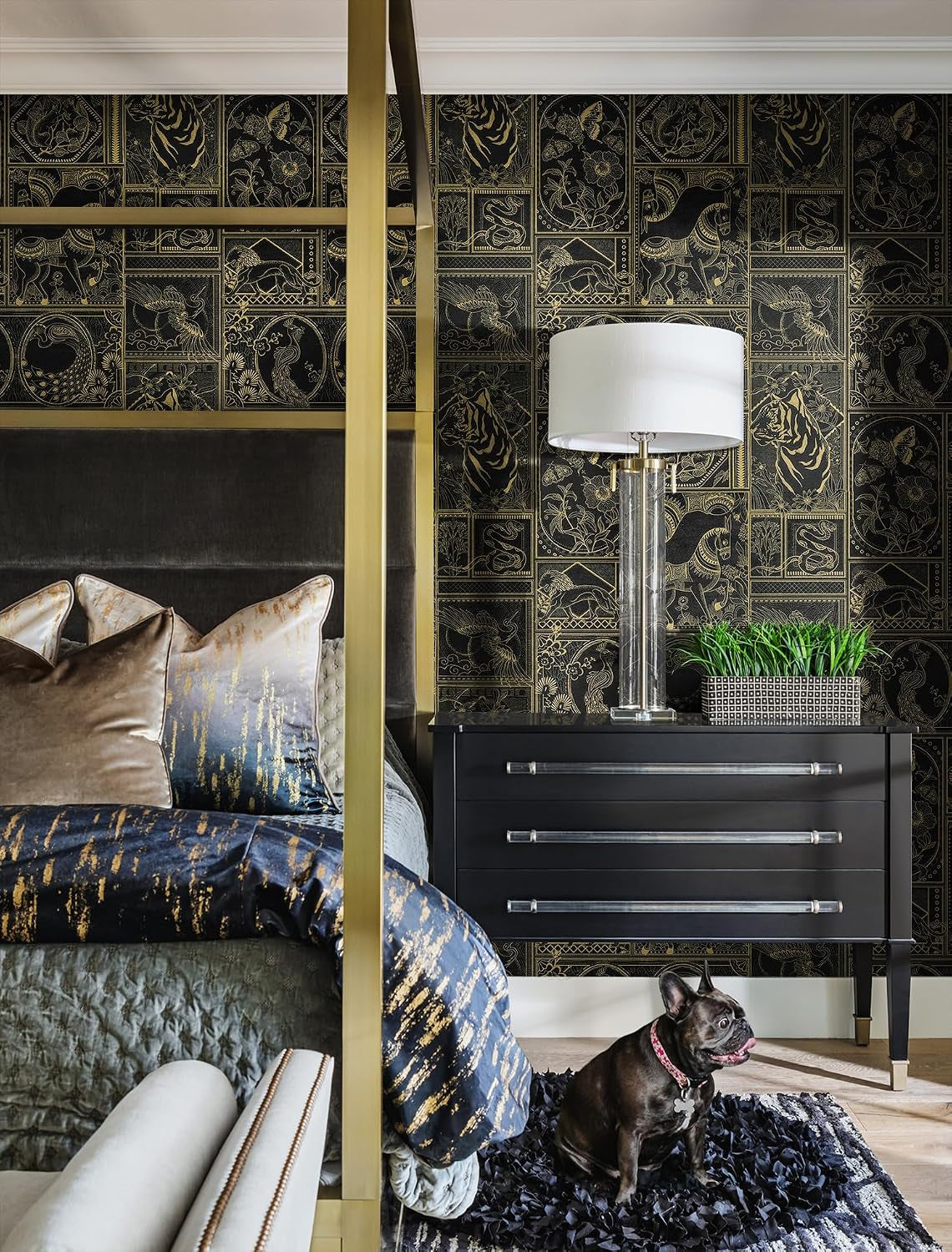 Vintage Peel and Stick Wallpaper Black and Gold Contact Paper, 394"X17.7" Peel and Stick Removable Animal Pattern