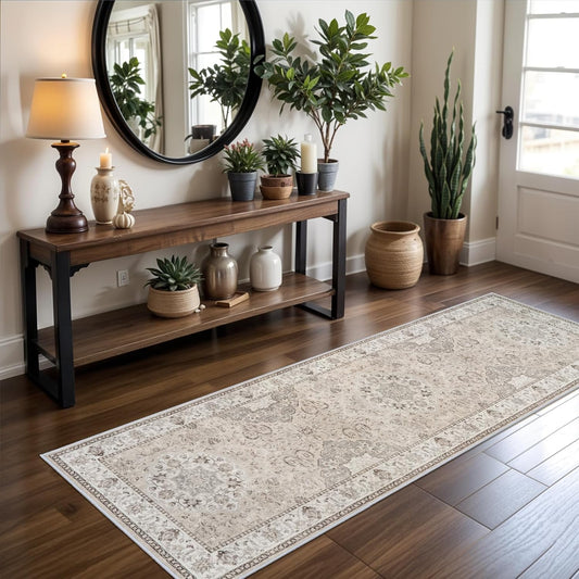 Washable 2X8 Hallway Runner Rug: Vintage Water Resistant Kitchen Entryway Rug Ultra Soft Living Room Bedroom Carpet with Non Slip Backing Indoor Low Pile Floor Mat for Bathroom Dining Room(2X8,Beige)