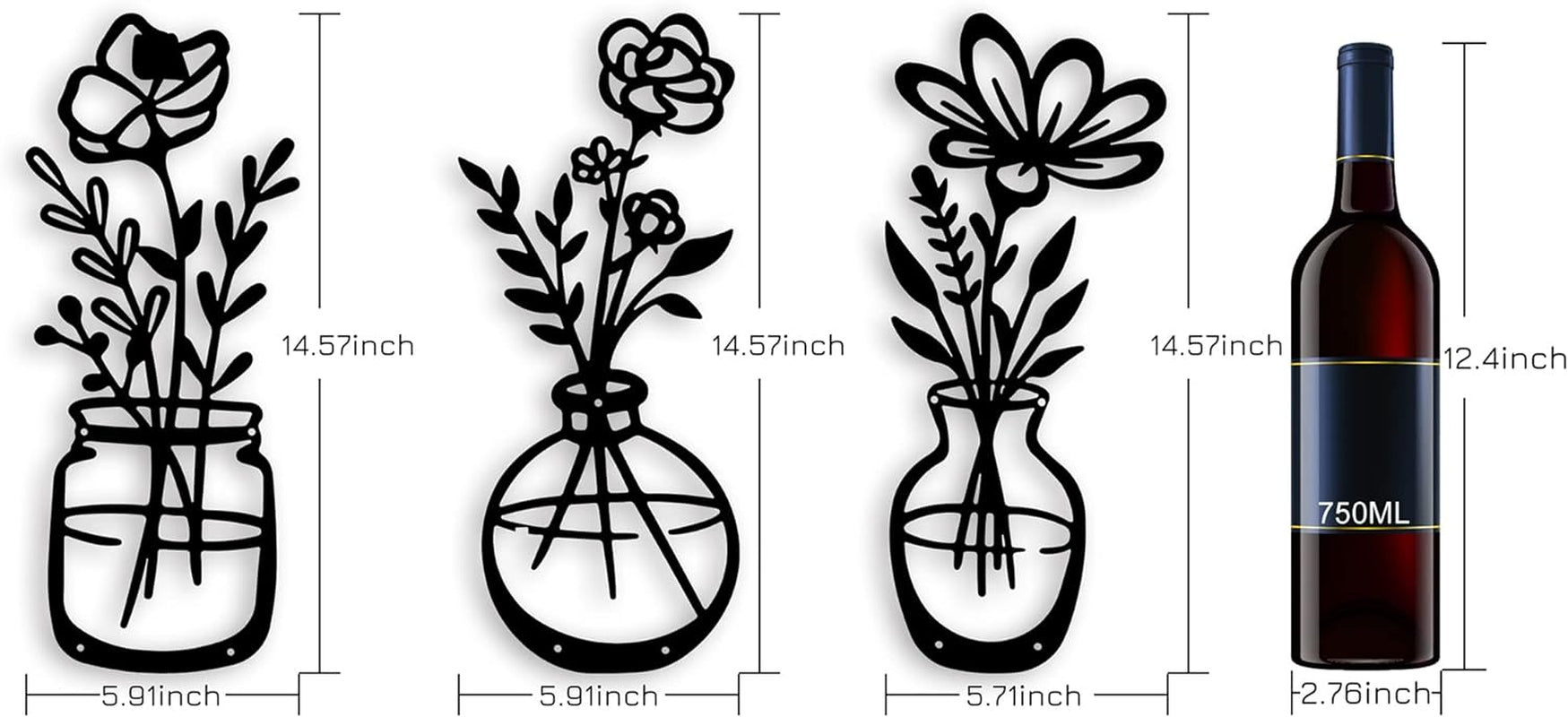 3 Pieces Black Metal Flowers Wall Decor,14.56X5.9 Inches