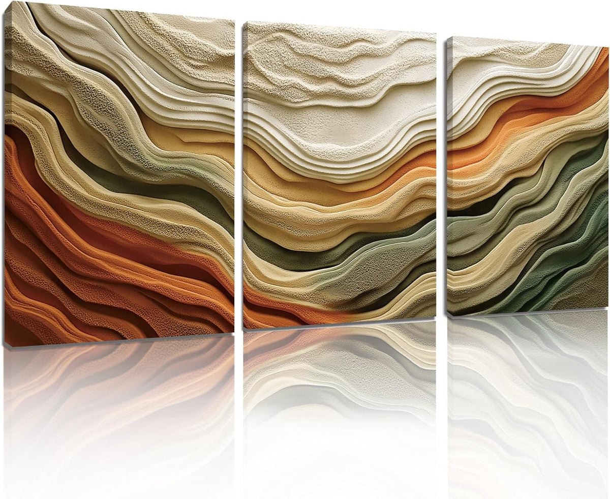 Abstract Neutral Earth-Tone Canvas Wall Art – 3 Panel Layered Landscape Print in Beige, Green & Terracotta – Modern Wall Decor for Living Room, Bedroom, or Office (12" X 18" X 3 Pcs)
