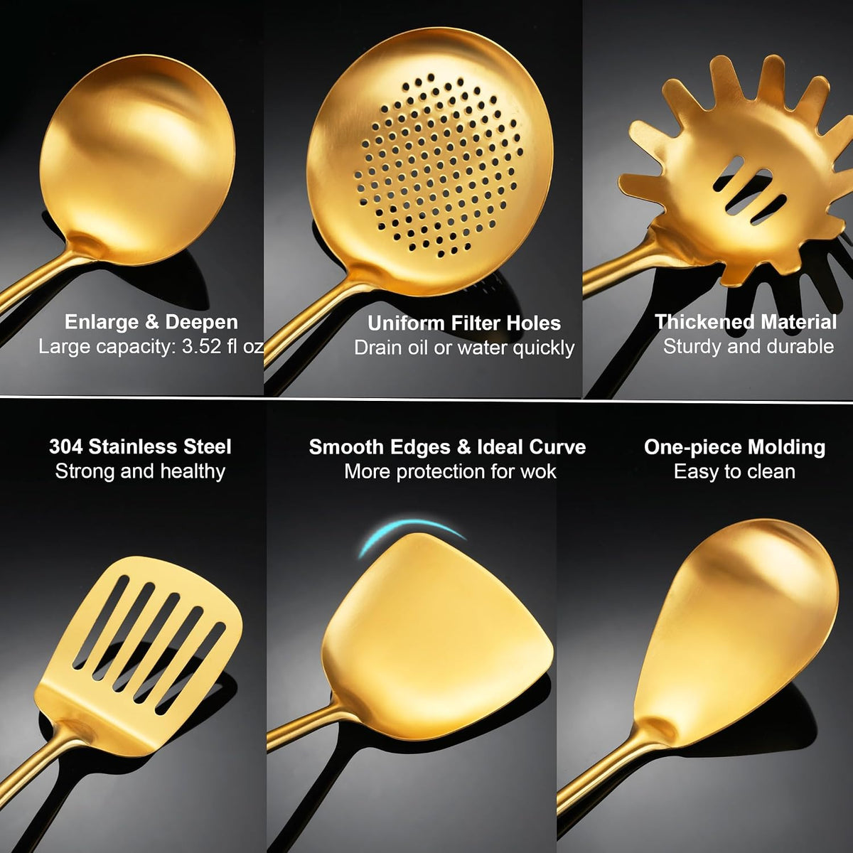 Gold Kitchen Utensils Stainless Steel with Wooden Handle 6 PCS