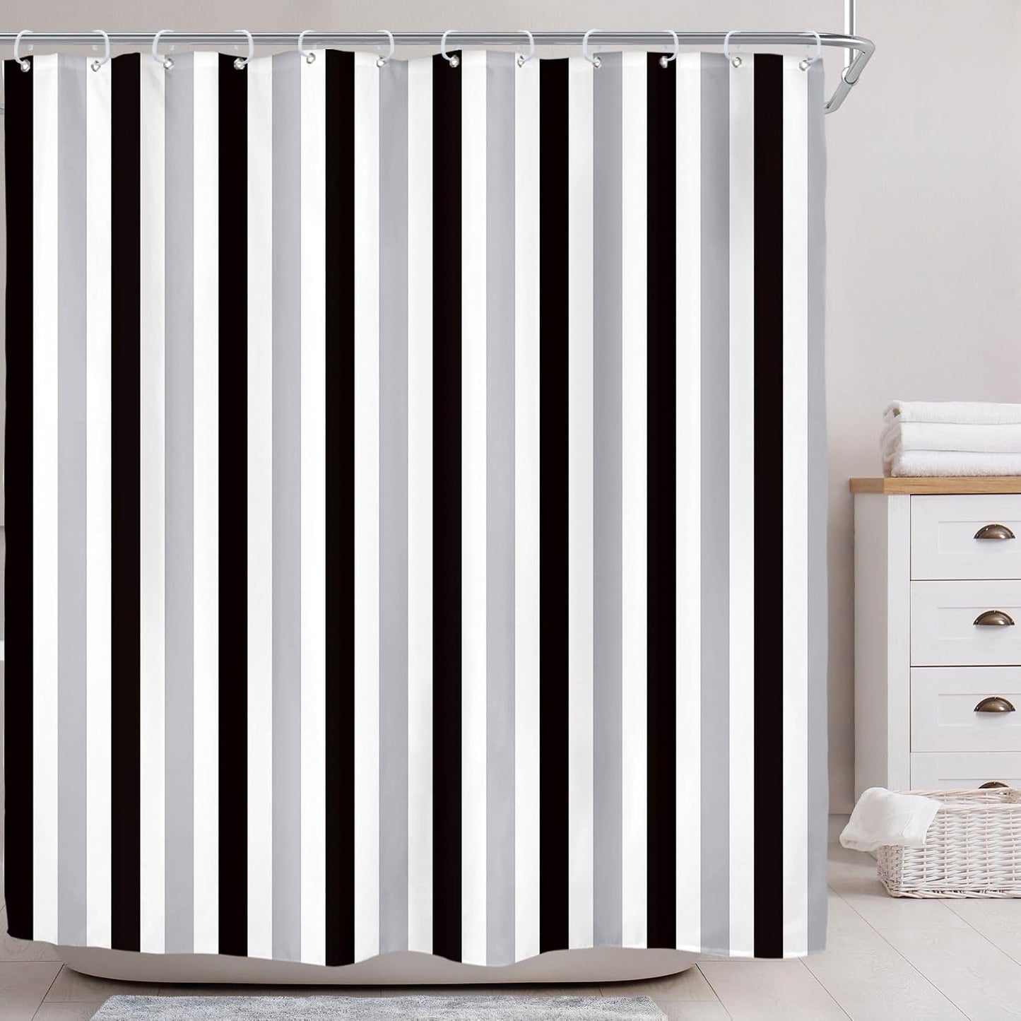 Gray Vertical Striped Black Bathroom Shower Curtain Set