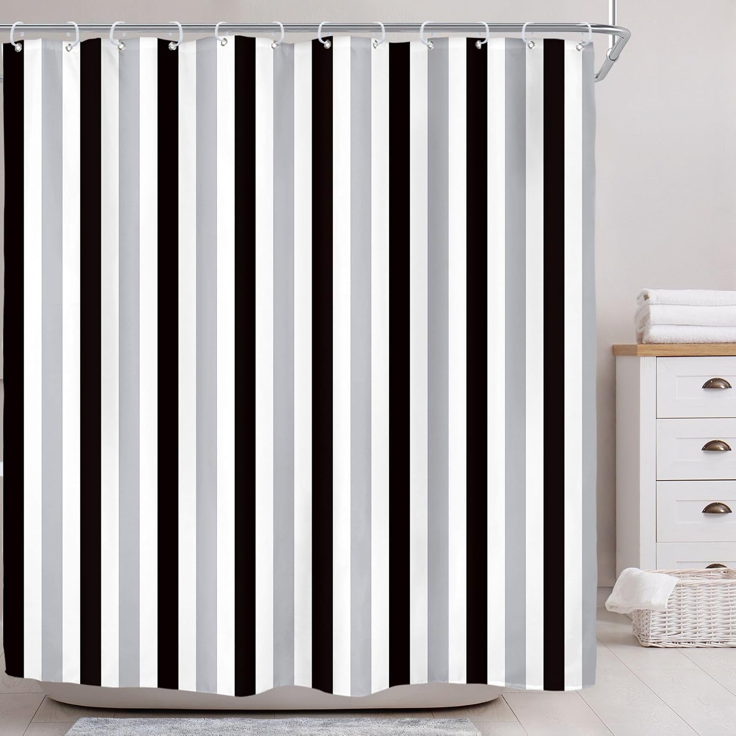 Gray Vertical Striped Black Bathroom Shower Curtain Set