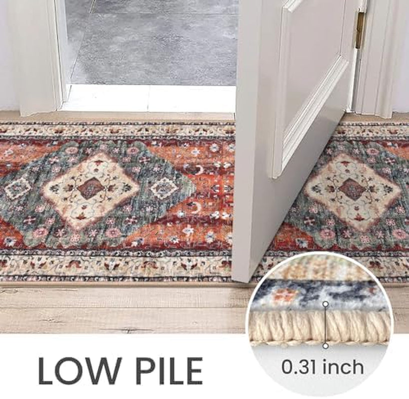 Runners for Hallways 2X8 Ft Entryway Indoor Rust Orange Printed Oriental Faux Wool Floor Carpet