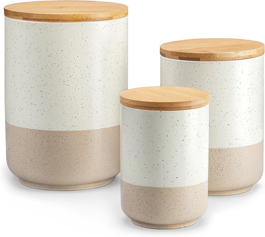 Sabine Kitchen Canister Set of 3, Ceramic Food Storage Containers with Airtight Wood Lids