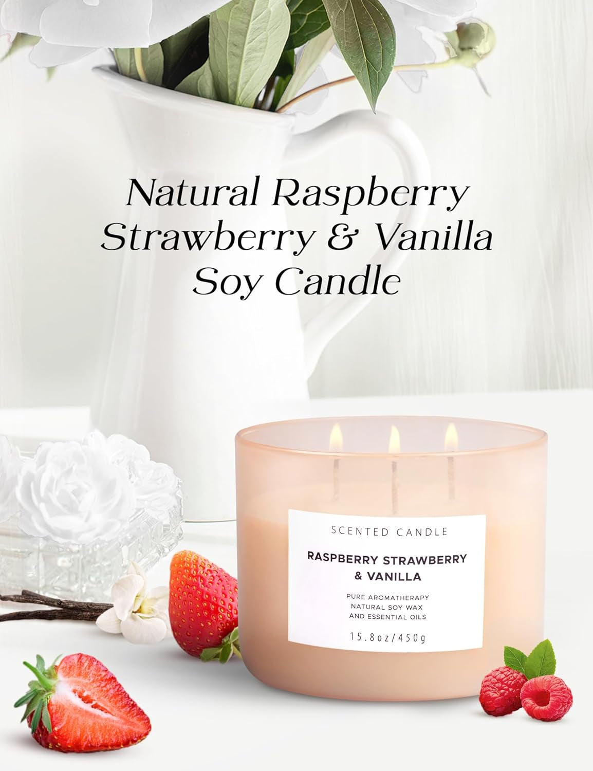 Raspberry Strawberry Vanilla Candle | Large 3 Wick Highly Scented Candle15.8 Oz