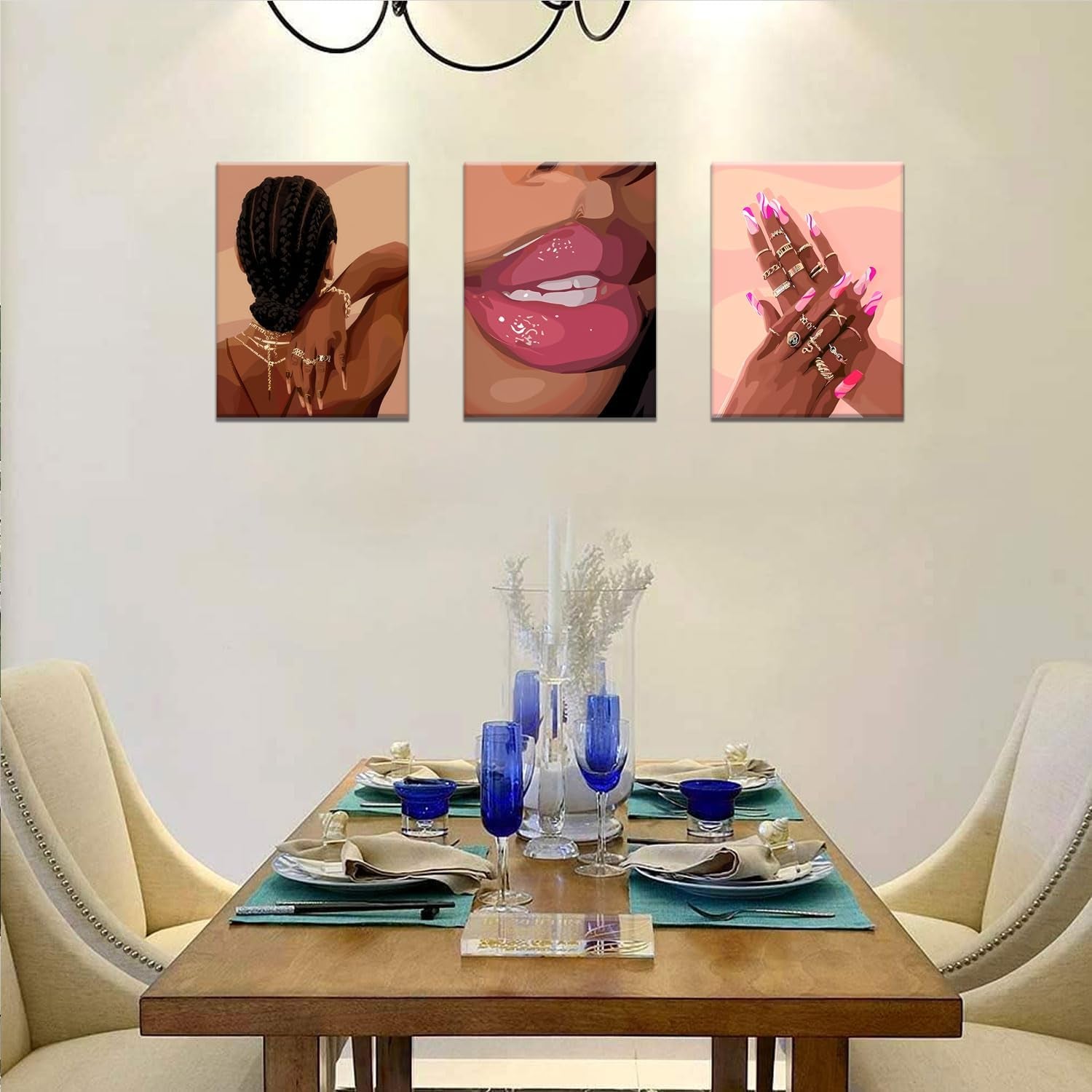 Black Girl Pink Wall Art Set of 3 African American Black Women Canvas Posters Fashion for Bathroom Decoration 12X16 Inch Framed