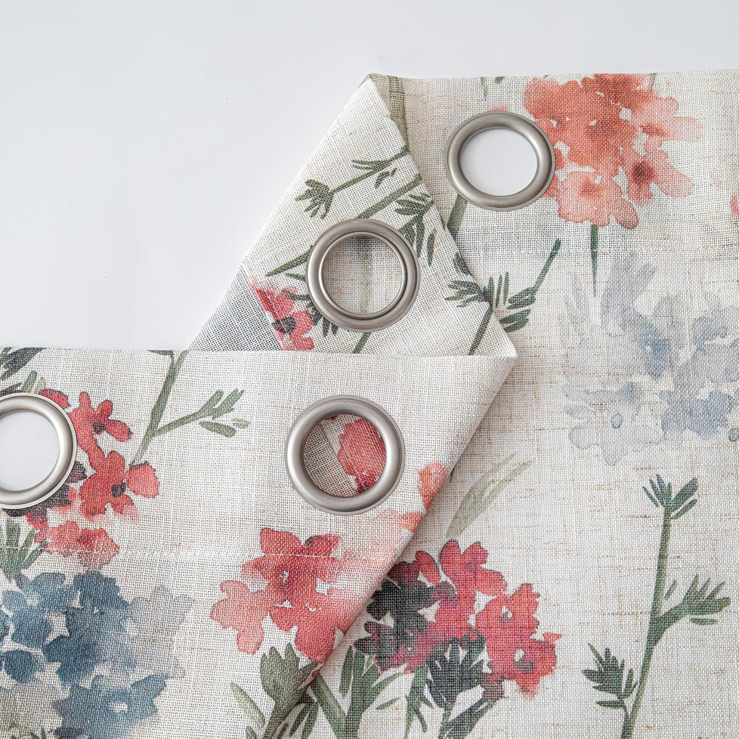 Linen Floral Curtains 84 Inch Length 2 Panels Semi Sheer Light Filtering Privacy Protect Flower Patterned Drapes, 52" Wide, Red, Pack-2