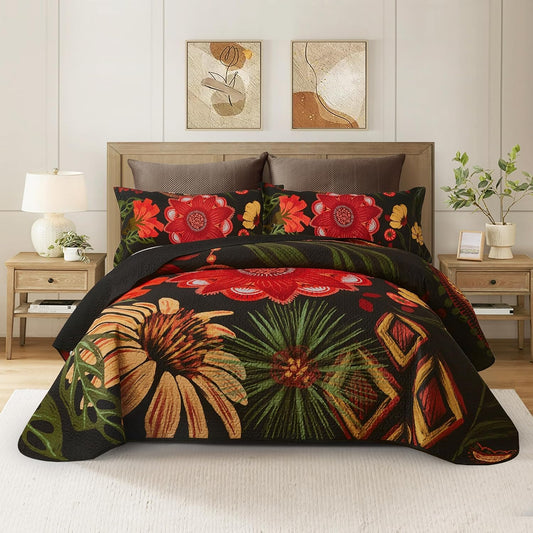 3 Piece Black Red Boho Floral Full/Queen Quilt Sets, Farmhouse Reversible Lightweight Bedspread Coverlet with 2 Shams,Set for All Season, 90''X96''
