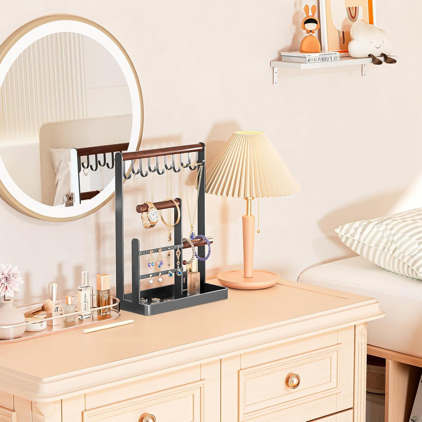 Jewelry Stand Holder Organizer, 4-Tier Necklace Holder with Ring Tray, -Medium, Grey