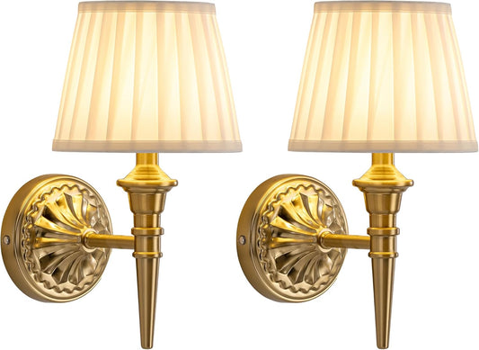 Cordless Wall Sconces Set of 2, Small Wireless Rechargeable Battery Fabric LED Wall Lamps, (Gold)