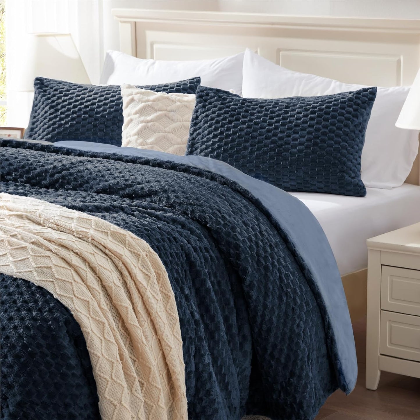 Fluffy Twin Comforter Set - Fleece Soft Comforter 2 Pieces, Navy Blue