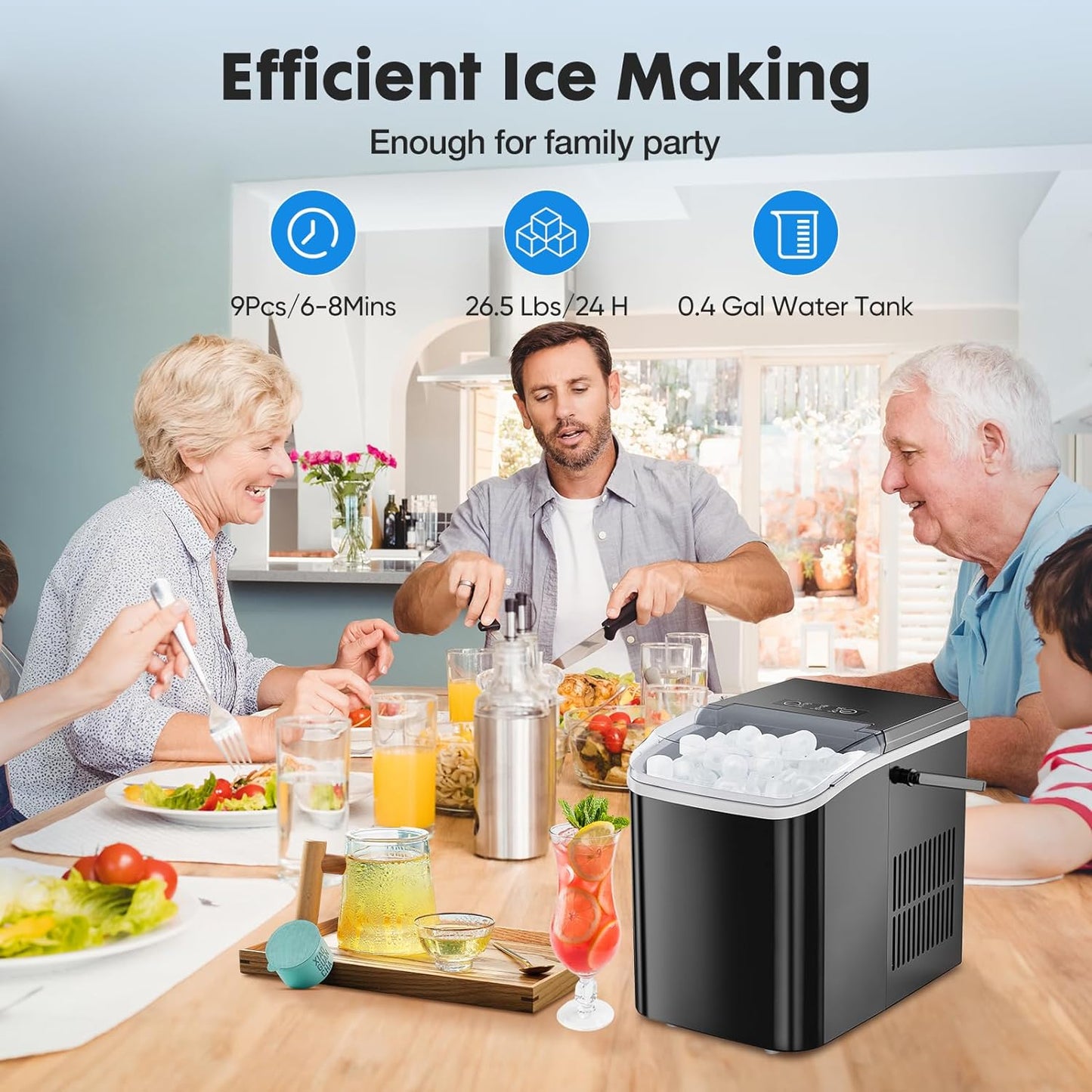 Countertop Ice Maker, Portable Ice Machine Self-Cleaning, 26.5Lbs/24Hrs, with Ice Scoop, Basket and Handle ,Black