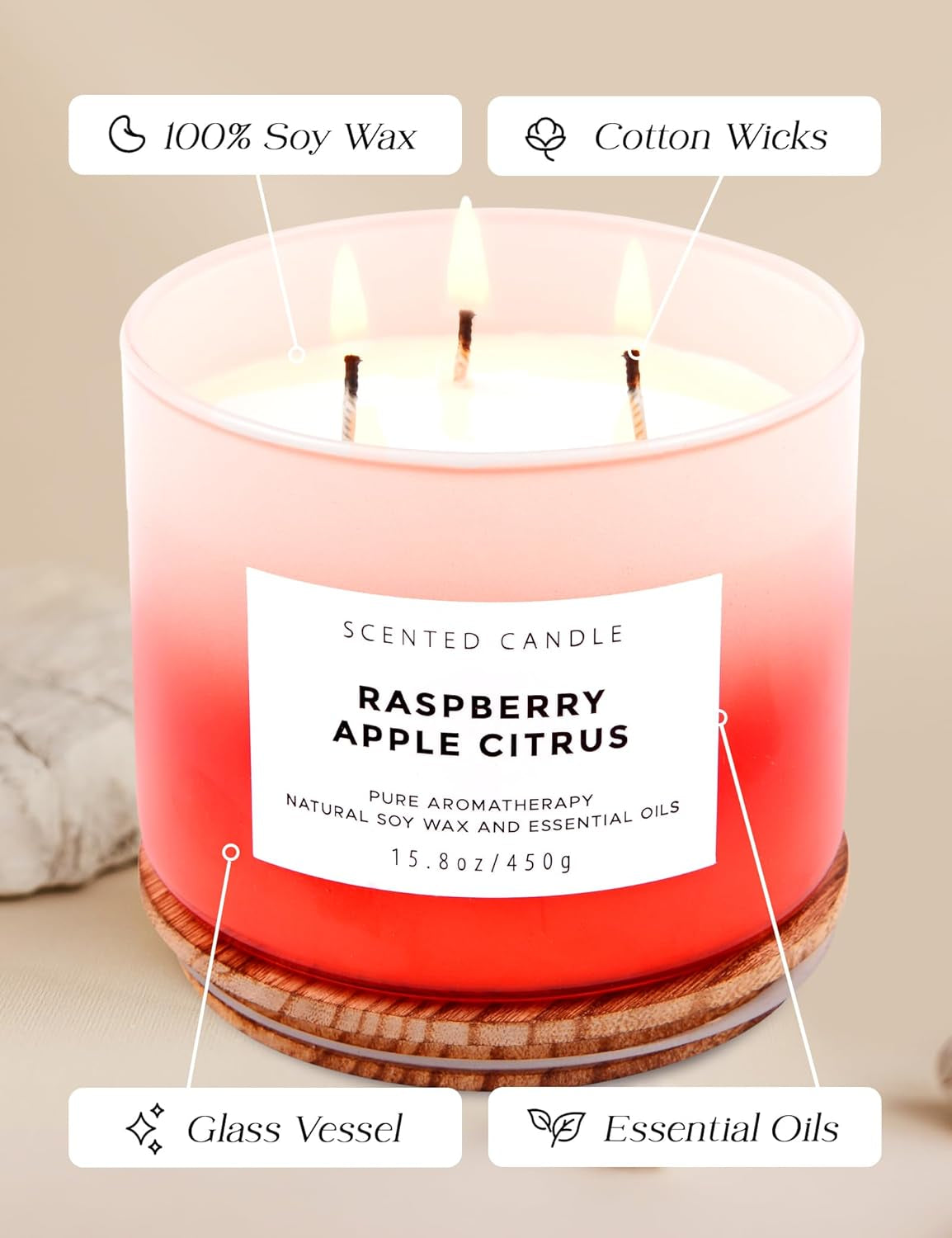 Raspberry Apple Citrus Candle | 3 Wick Soy Candle | Spring Scented Candle 15.8 Oz