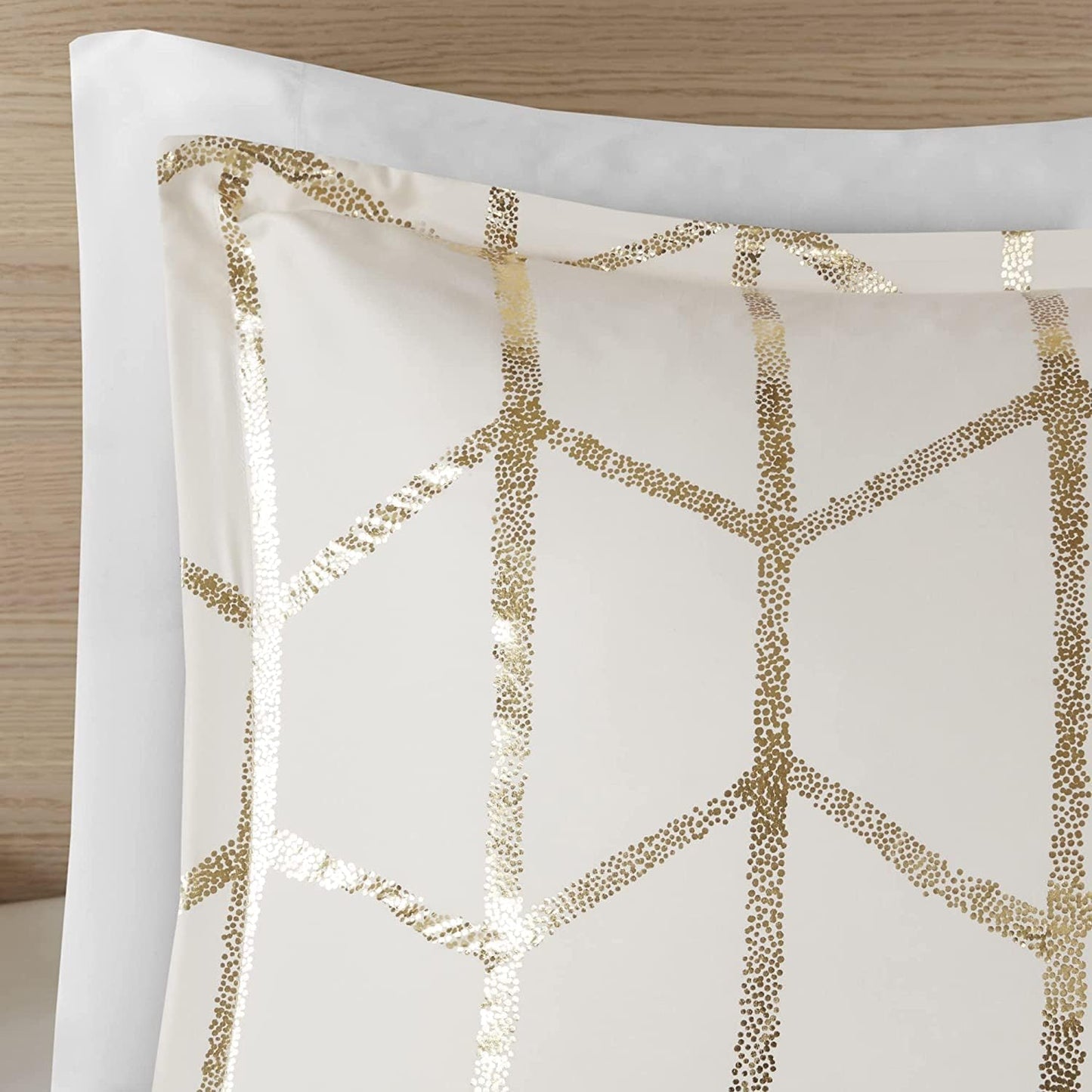 Raina King/Cal King Comforter Set, Modern Geometric Metallic Bed Set, 5 Pieces with 2 Shams, 2 Toss Pillows Ivory/Gold