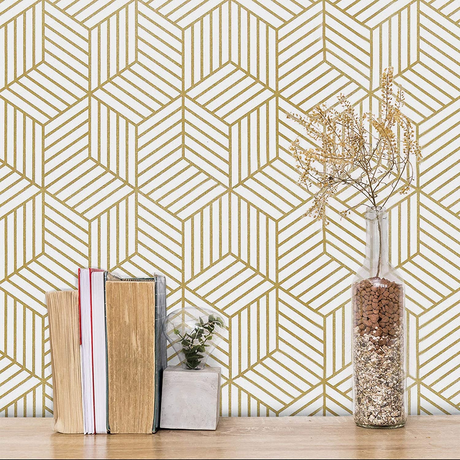 Gold and White Geometric Wallpaper Peel and Stick Hexagon 