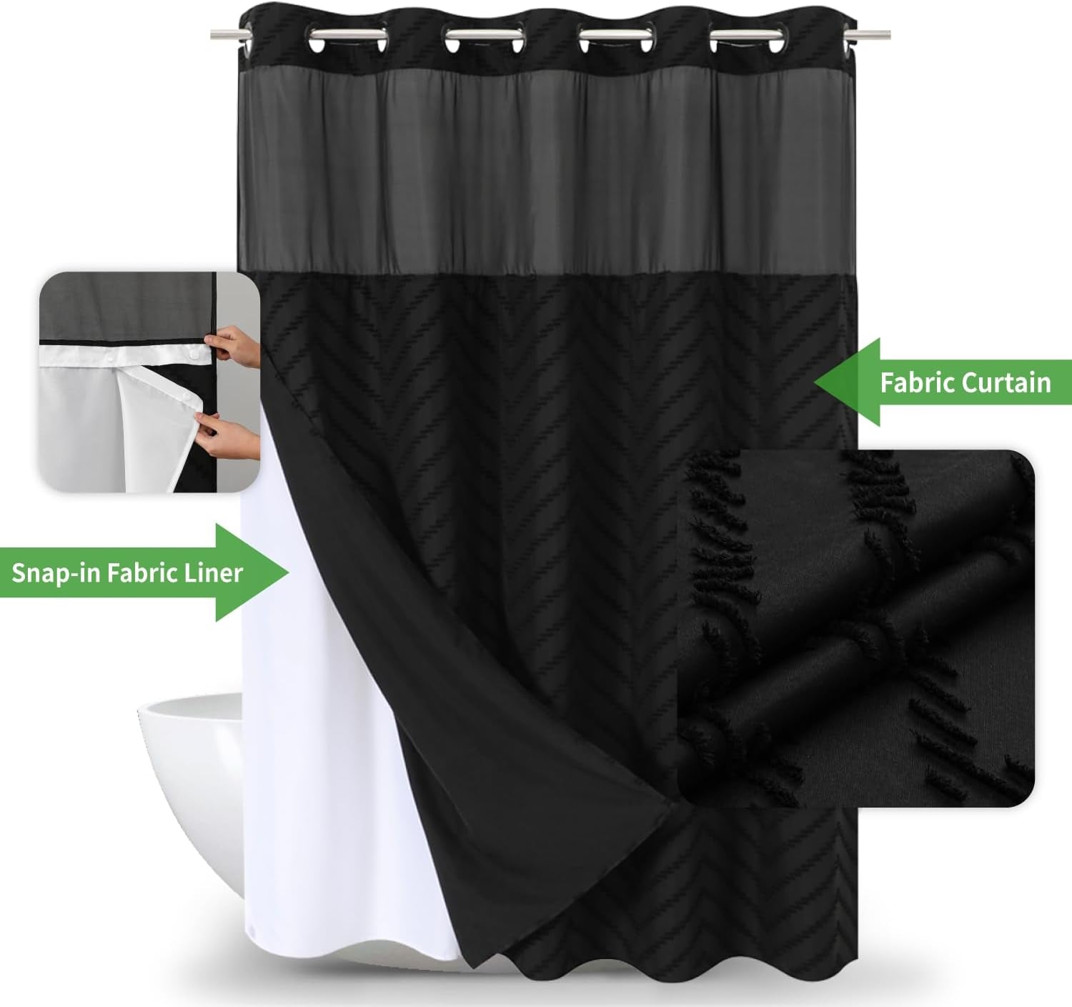 No Hook Tufted Chevron Striped Shower Curtain with Snap-In Fabric Liner Set-71Wx74H(72H), Black 