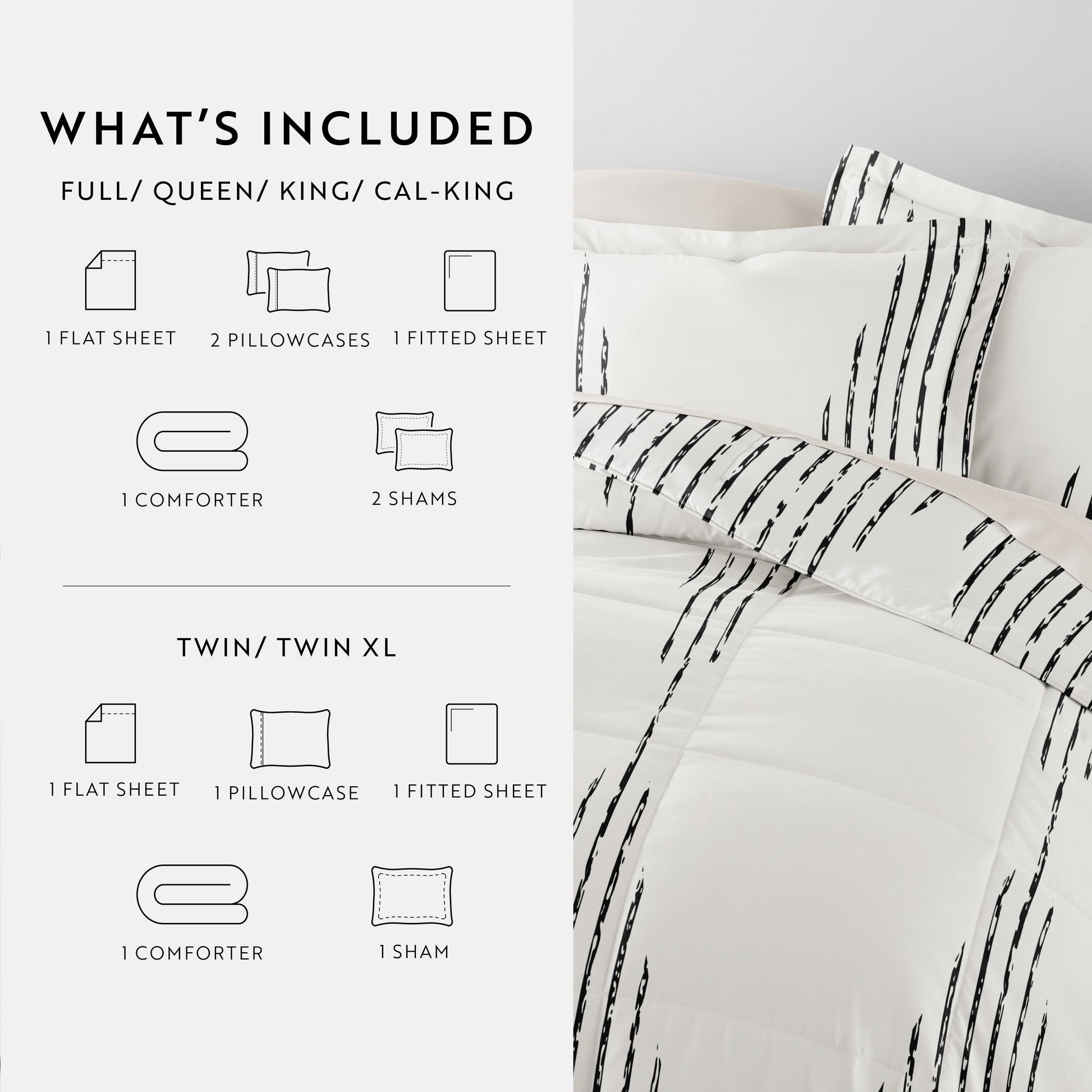 Full Bedding Bundle, Patterned Microfiber Comforter and Solid Sheet Set in Diamond Stripe Gray