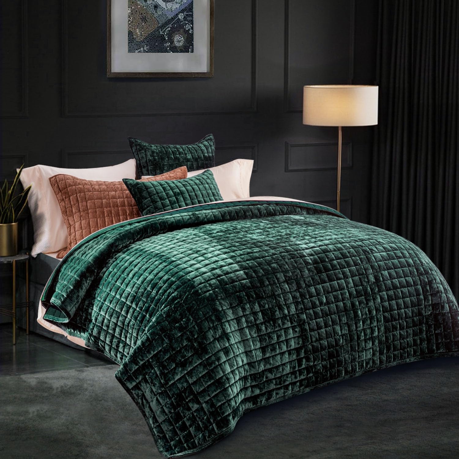 Channel Box Stitch Velvet Quilt Set, Full Queen Size, Emerald Green