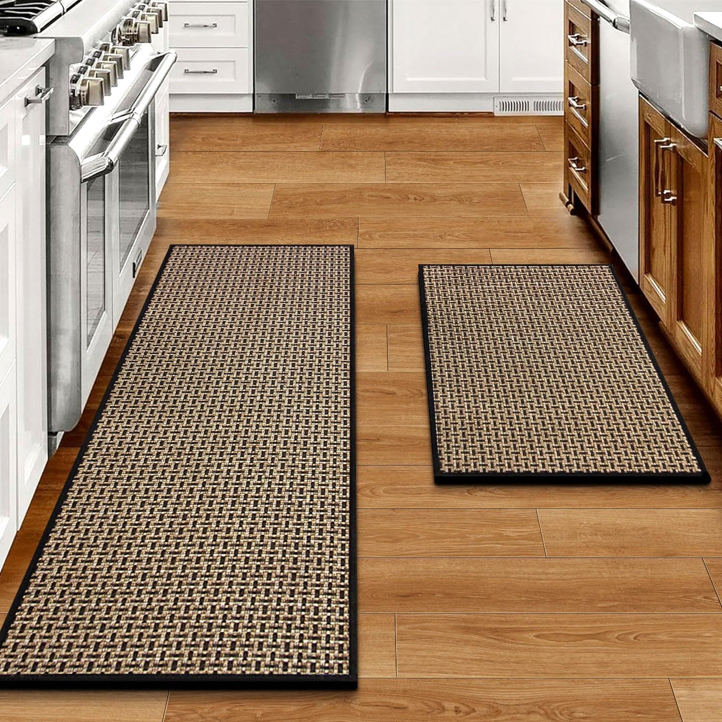 Kitchen Rugs and Mats Set of 2 PCS, Absorbent Runner Rugs for Kitchen, 17.3"X 47"+17.3"X 29" (Black)