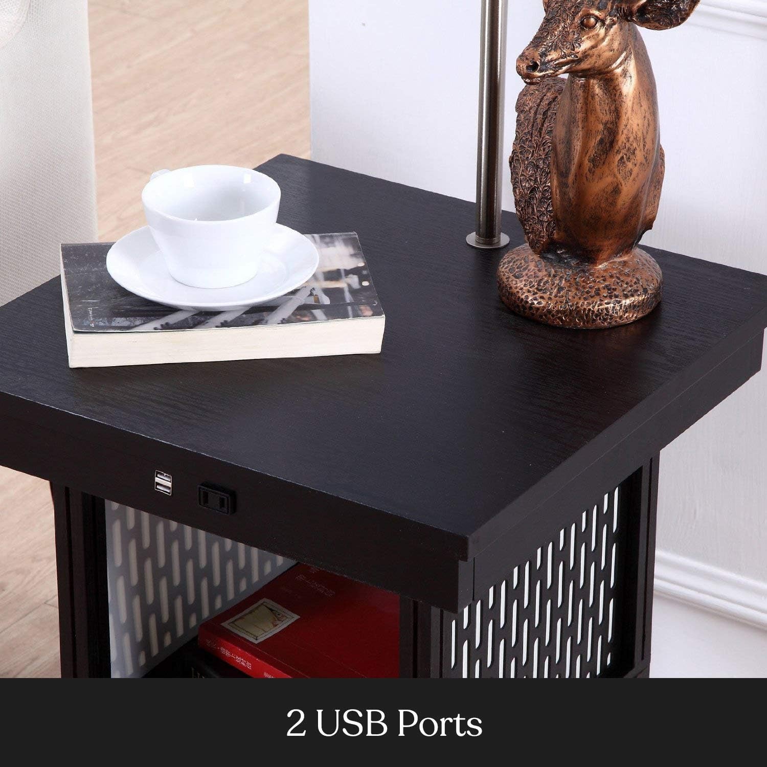 Madison Modern Side Table with Lamp Combo with LED Bulb, - Black