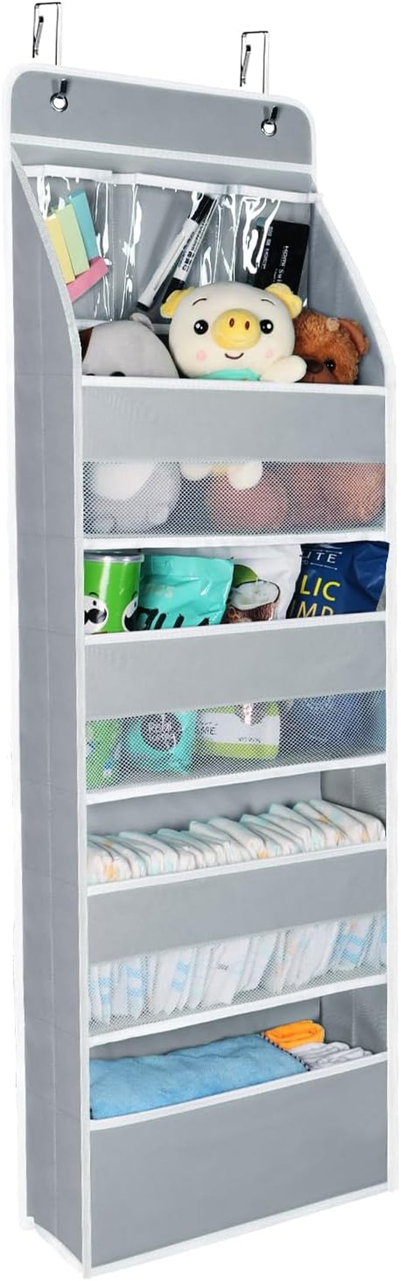 5-Shelf Fabric Door Storage over Door Hanging Organizer with 4 Large Pockets and 3 Small PVC Pockets Nursery Closet Cabinet (Grey)