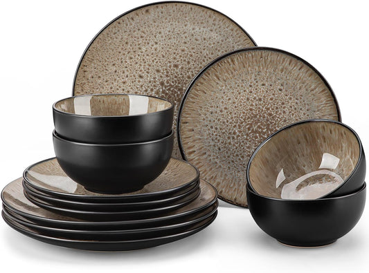 Bubble Plates and Bowls Sets - 12 Piece Dinnerware Sets (Brown)