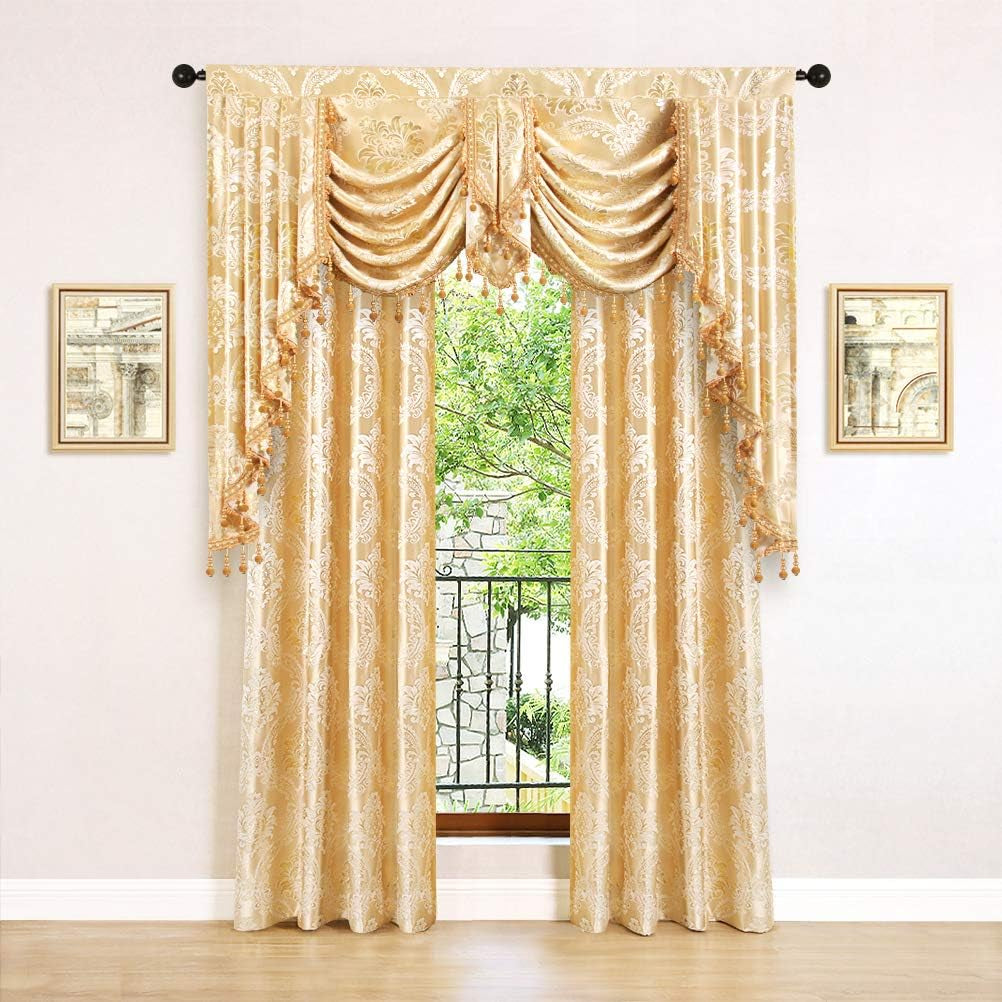 Golden Swag Waterfall Valance Luxury Curtain (Damask-Golden, W59 Inch, 1 Panel)