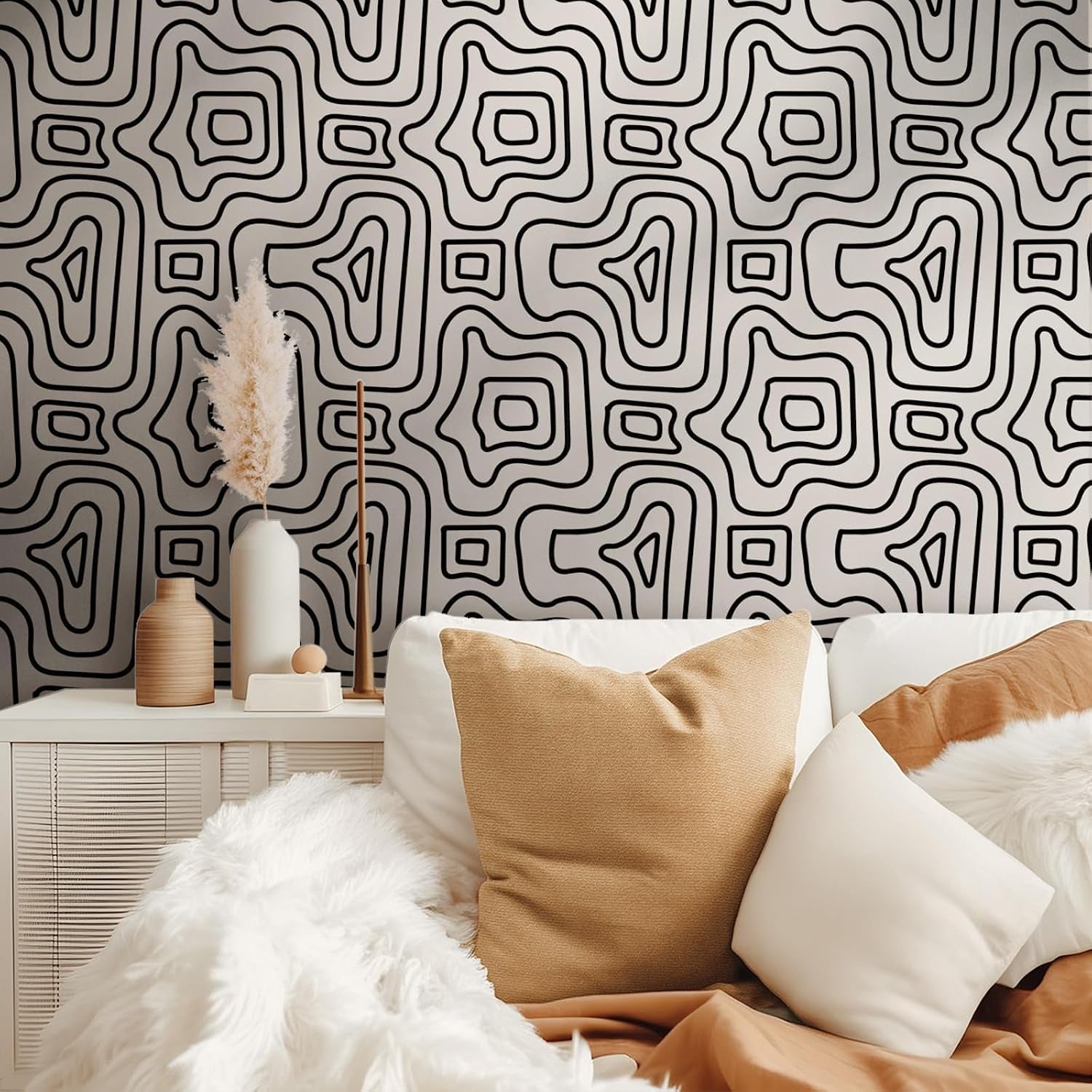 Modern Peel and Stick Wallpaper, Abstract Geometric Contour Line Pattern, 17.7 in X 6.56 Ft