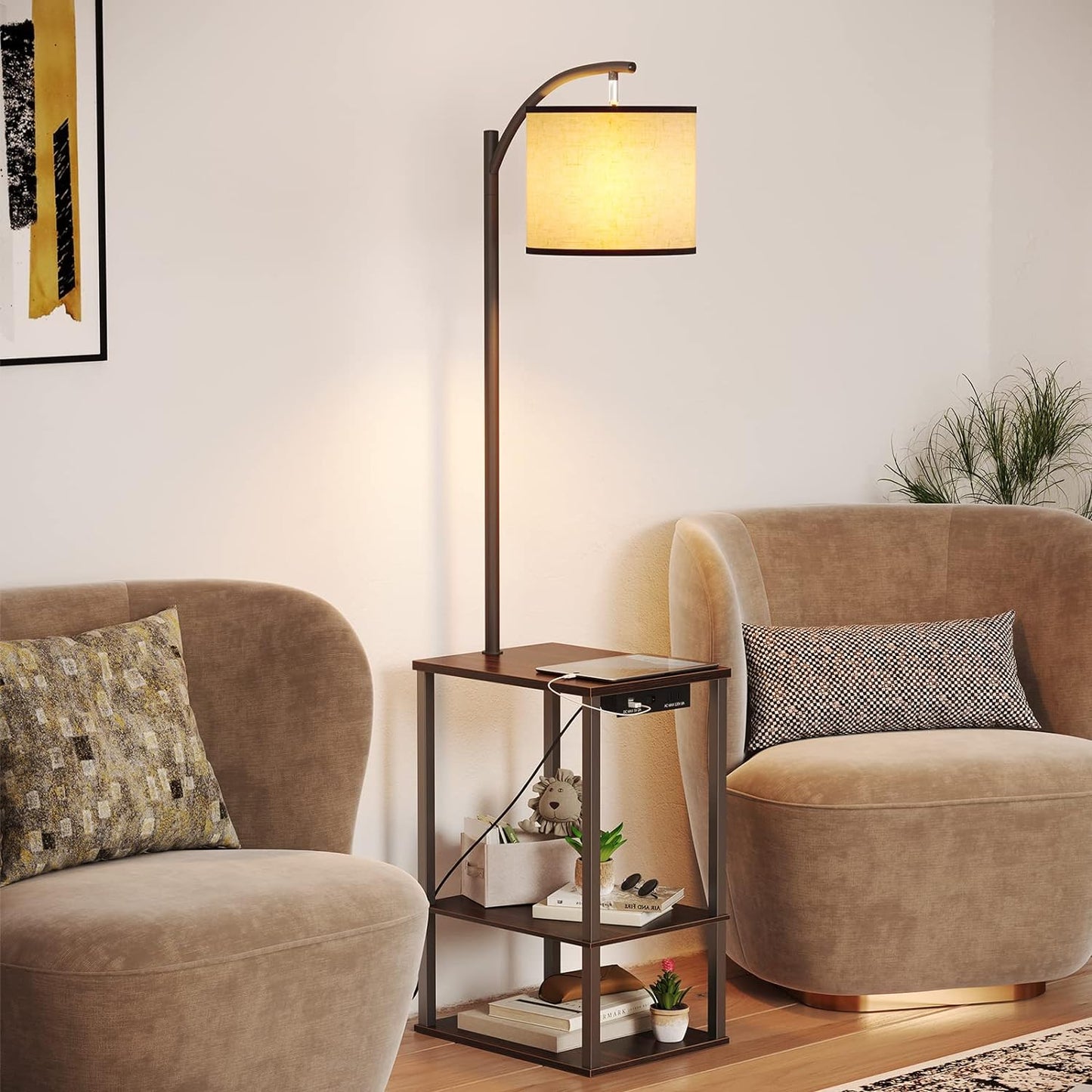 Rustic End Table Lamp with Shelves & 3-Color Temperature LED Bulb, Walnut