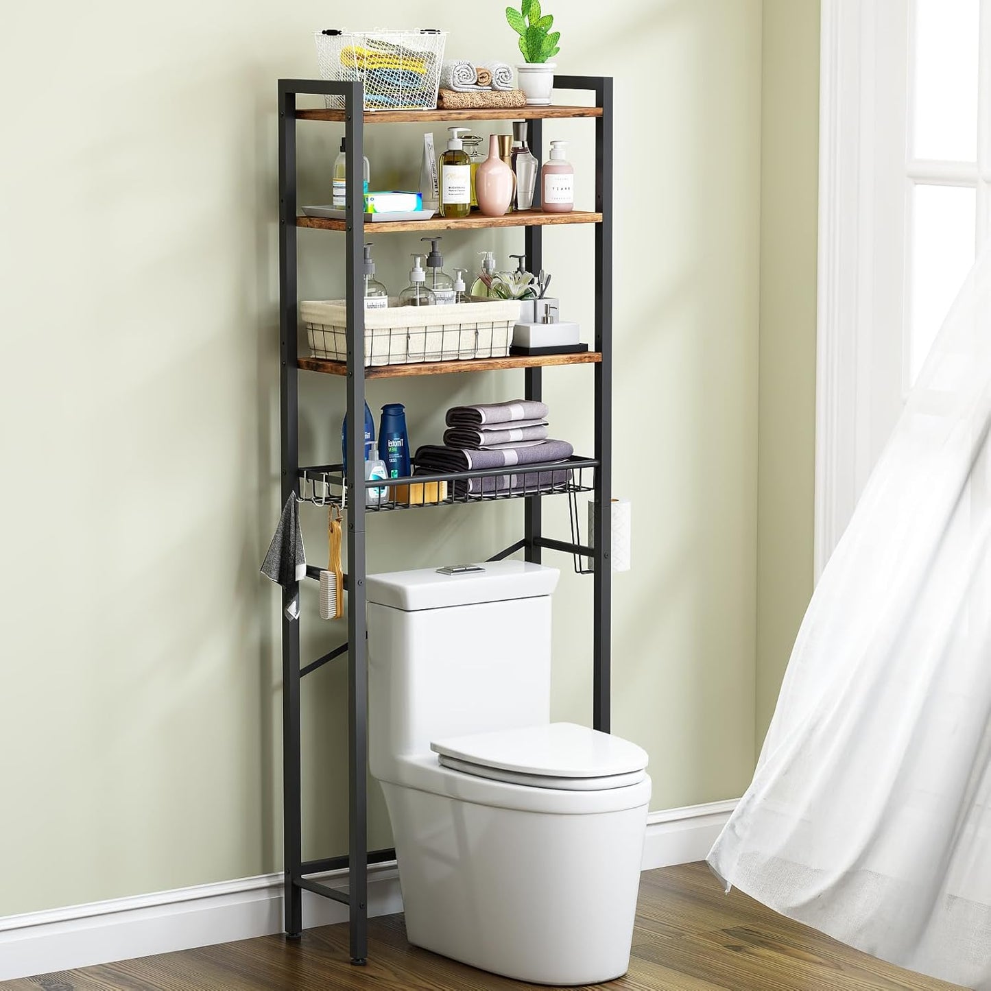 Over-The-Toilet Storage Rack, 4-Tier Bathroom Organizer Shelf over Toilet with Adjustable Shelf and Basket, (Vintage Brown)