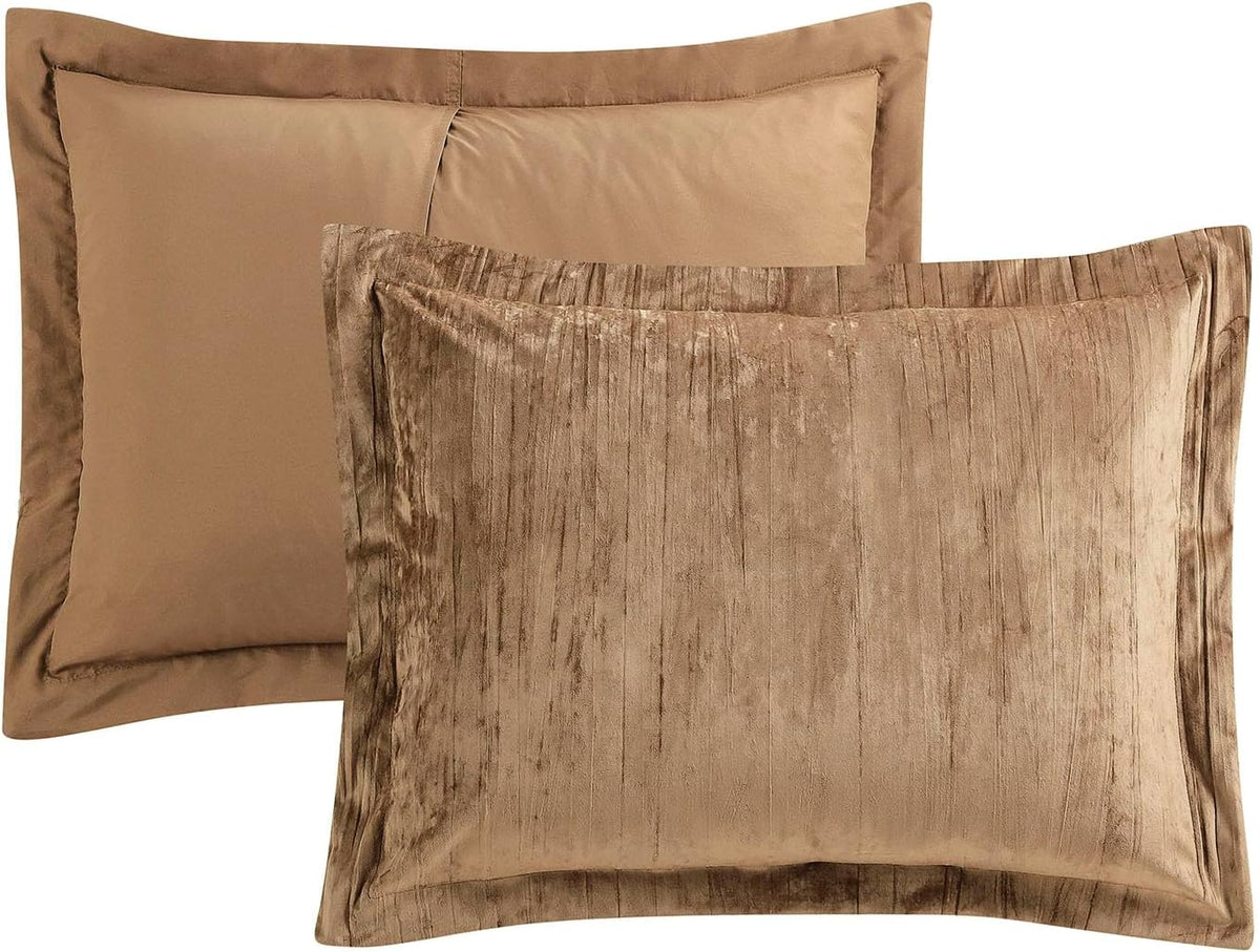 Crinkle Velvet Comforter Set, 3 Pieces Camarel Gold Queen, Crinkle Velvet Face and Brushed Microfiber Reverse, with Light Poly Fill