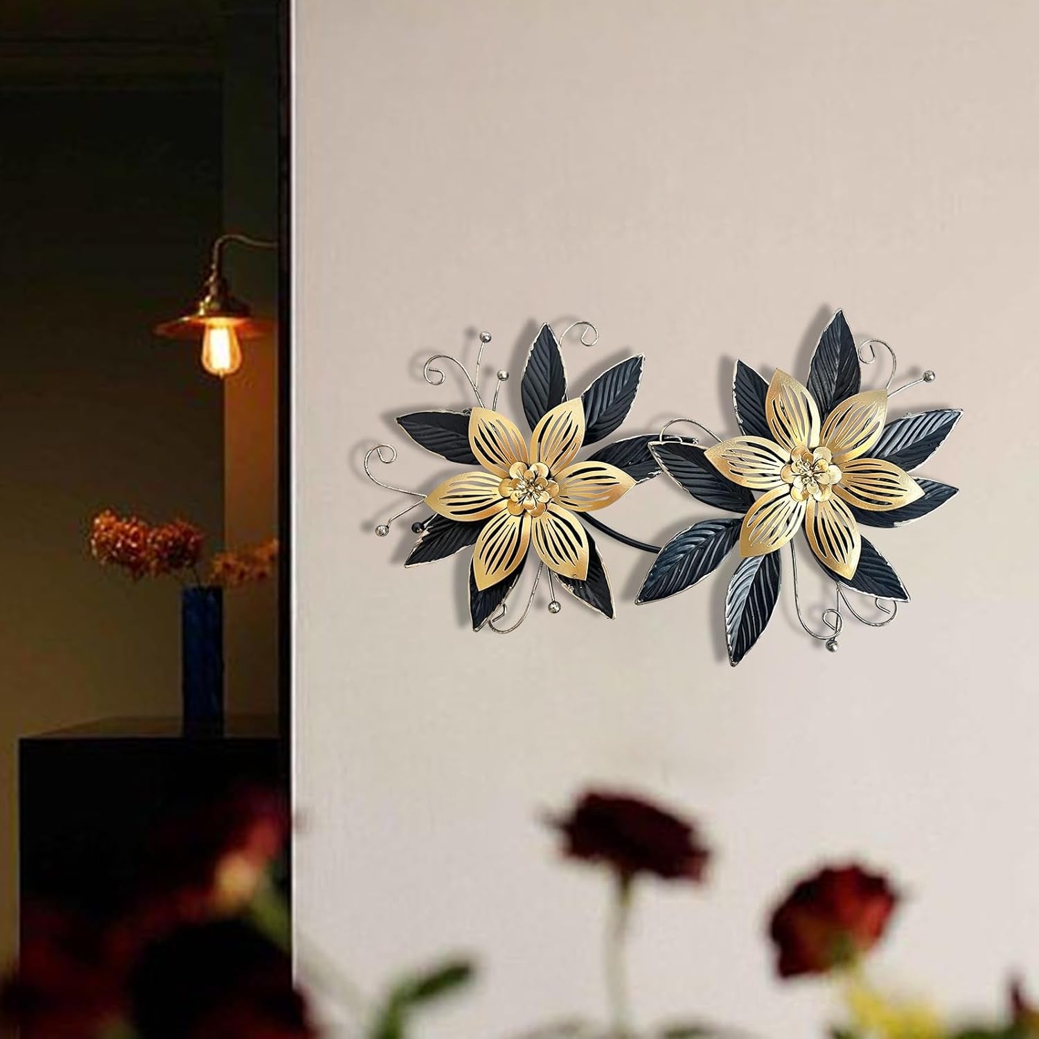 Black Gold Metal Flowers Wall Decor,15" 3D Multi-Layer Modern Floral Art, Rustic Distressed Hanging Decor for Indoor, Bedroom Living Room Garden Patio, Home Decoration Accent