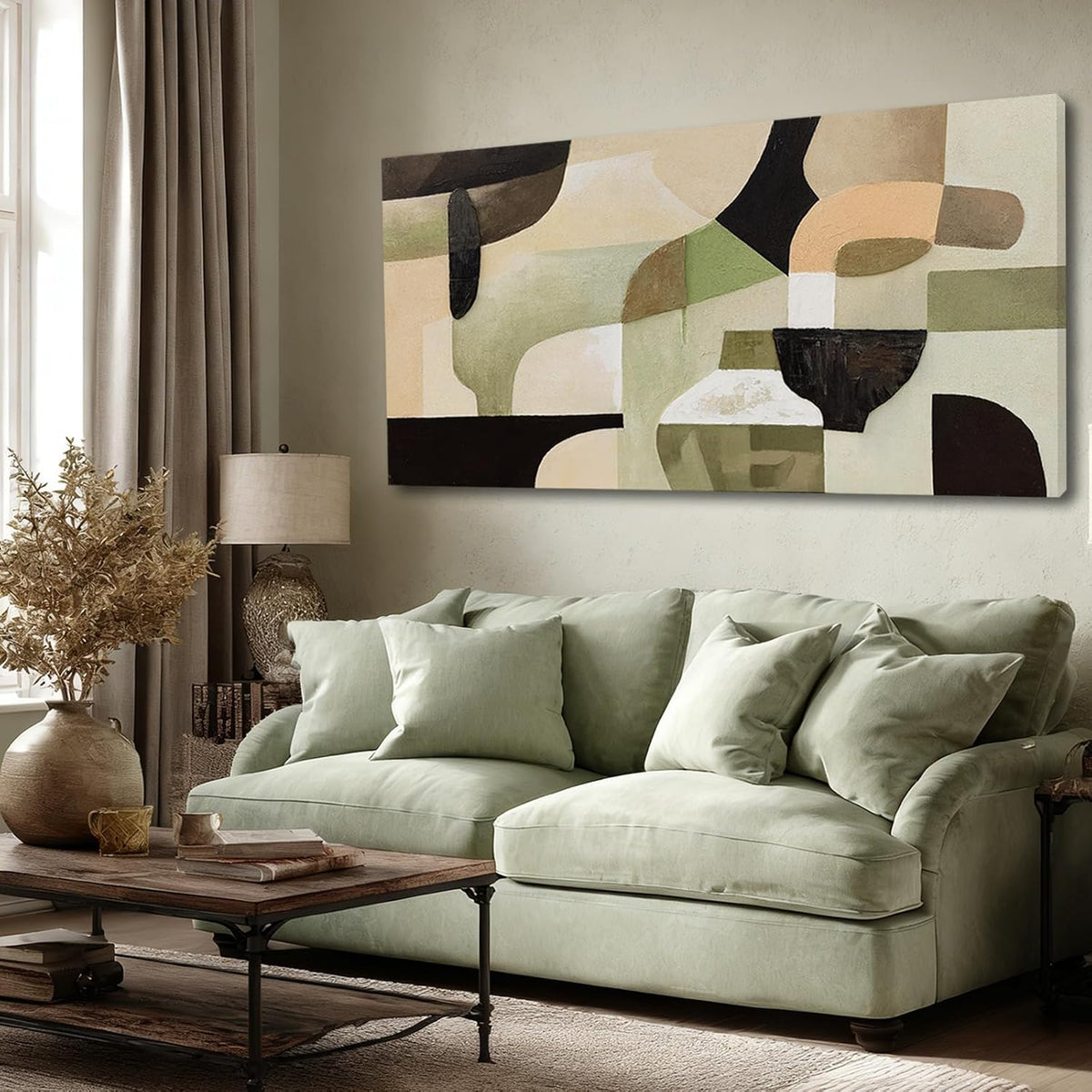 Modern Abstract Green Beige Canvas Wall Art for Living Room 24X48 Inch